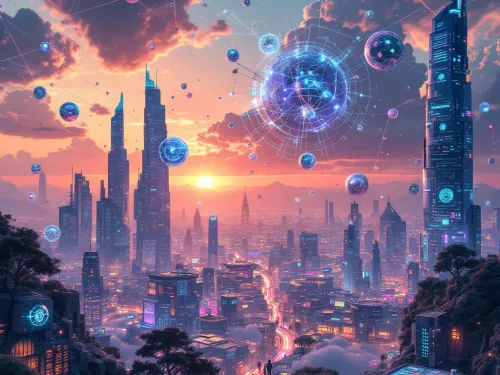 Cidade futurista com arranha-c&eacute;us e esfera luminescente no c&eacute;u ao p&ocirc;r do sol.