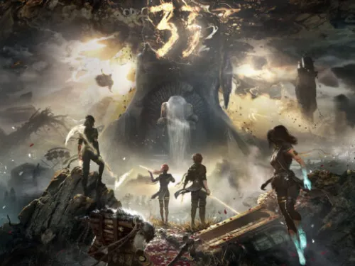 Cinco figuras armadas em uma paisagem desolada e apocal&iacute;ptica.