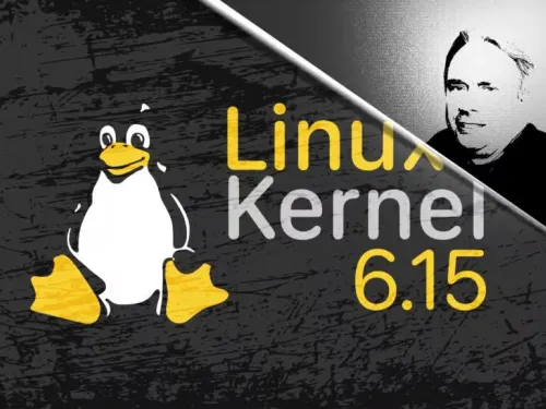 Tux &agrave; esquerda, texto "Linux Kernel 6.15" ao centro, rosto em preto e branco &agrave; direita.