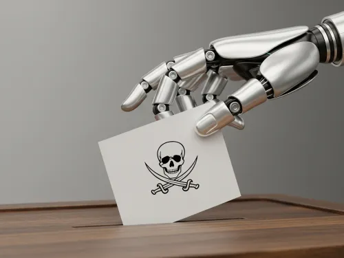 Rob&ocirc; inserindo cart&atilde;o com caveira em caixa de madeira.