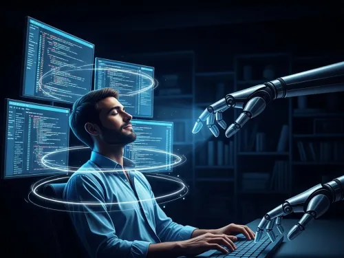 Homem programando com hologramas e bra&ccedil;os rob&oacute;ticos ao redor.