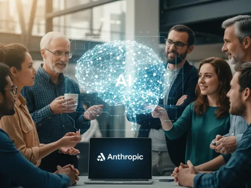 Pessoas em volta de laptop com proje&ccedil;&atilde;o hologr&aacute;fica de c&eacute;rebro AI.