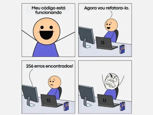 Quadrinhos com personagem animado frustrado ap&oacute;s testar c&oacute;digo no computador.